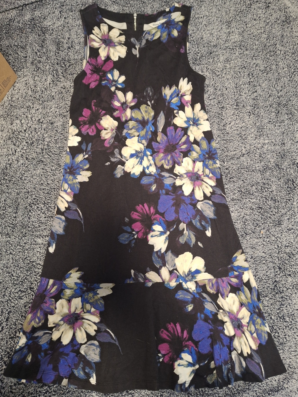 Black Floral Sleeveless A-Line Dress with Blue & White Blooms